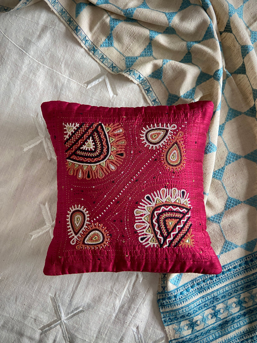 Multicolor - Kala Raksha Rabari Hand Embroidery Cotton Cushion Cover (16 x 16 in) main image 0