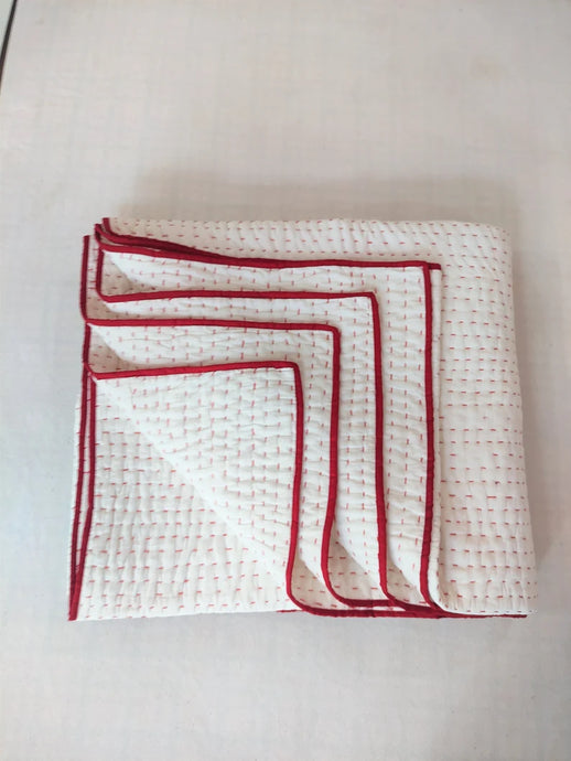 White Kantha Quilt with Red Edging | Lightweight Cotton