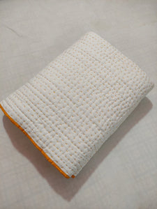 White Kantha Quilt with Yellow Edging | Lightweight Cotton