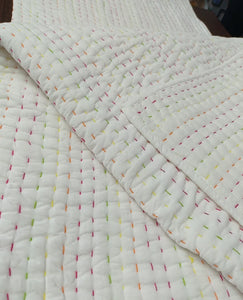 Natural White w Multicoloured Stitching Kantha Quilt | Lightweight Cotton