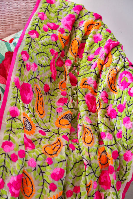Beige x Green Large Handmade Georgette Wrap / Throw
