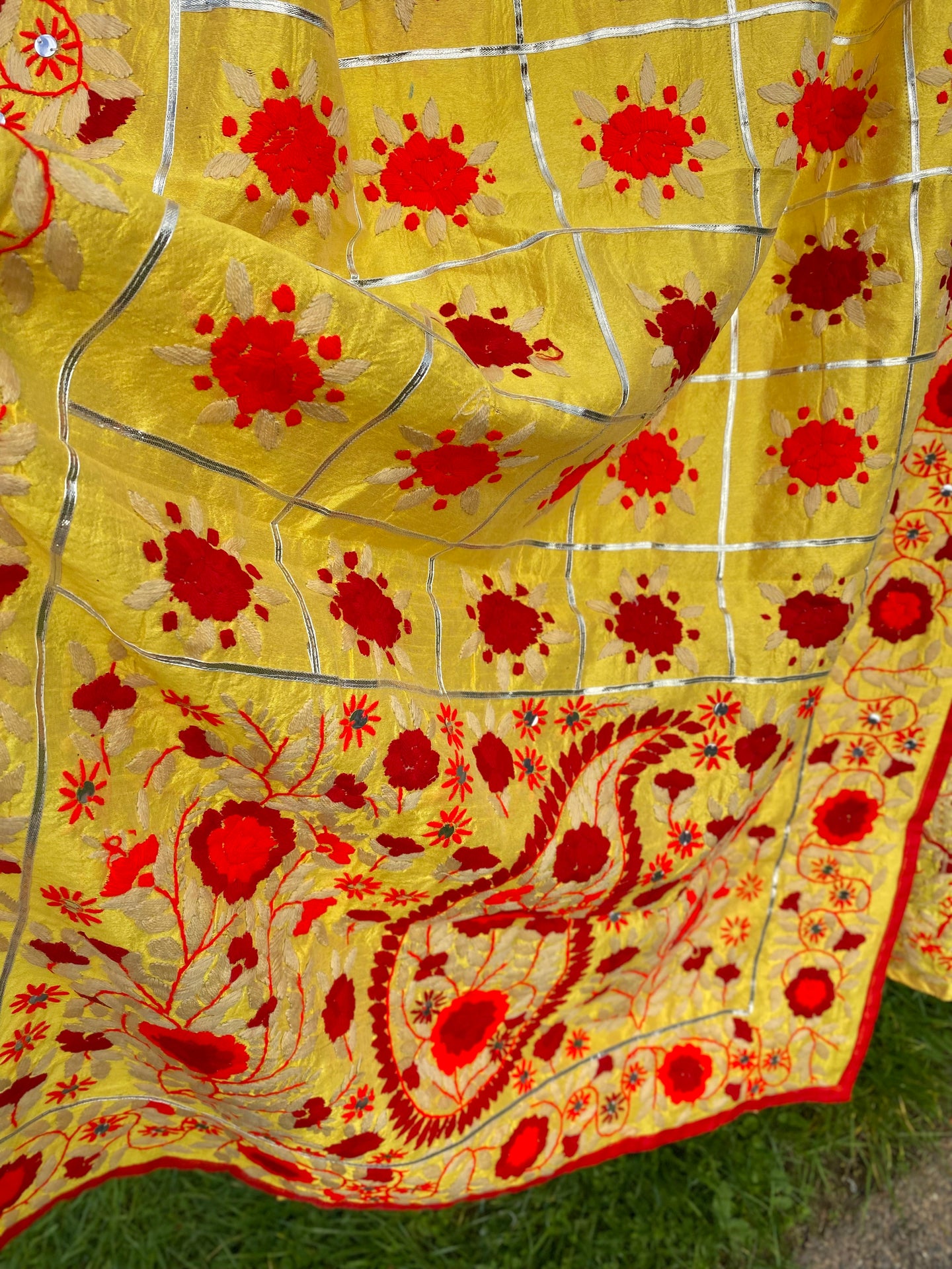 Yellow x Deep Red Large Handmade Chanderi Silk Wrap / Throw