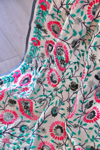 White x Teal Large Handmade Chanderi Silk Wrap / Throw