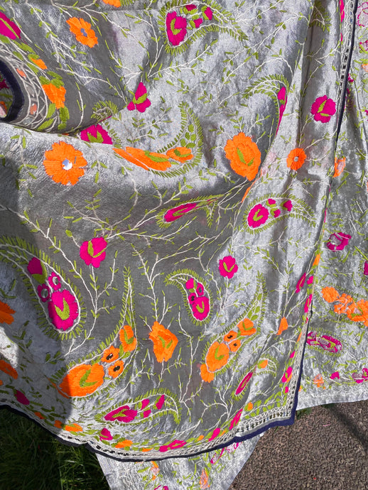 Metallic Steel Grey x Orange Large Handmade Chanderi Silk Wrap / Throw
