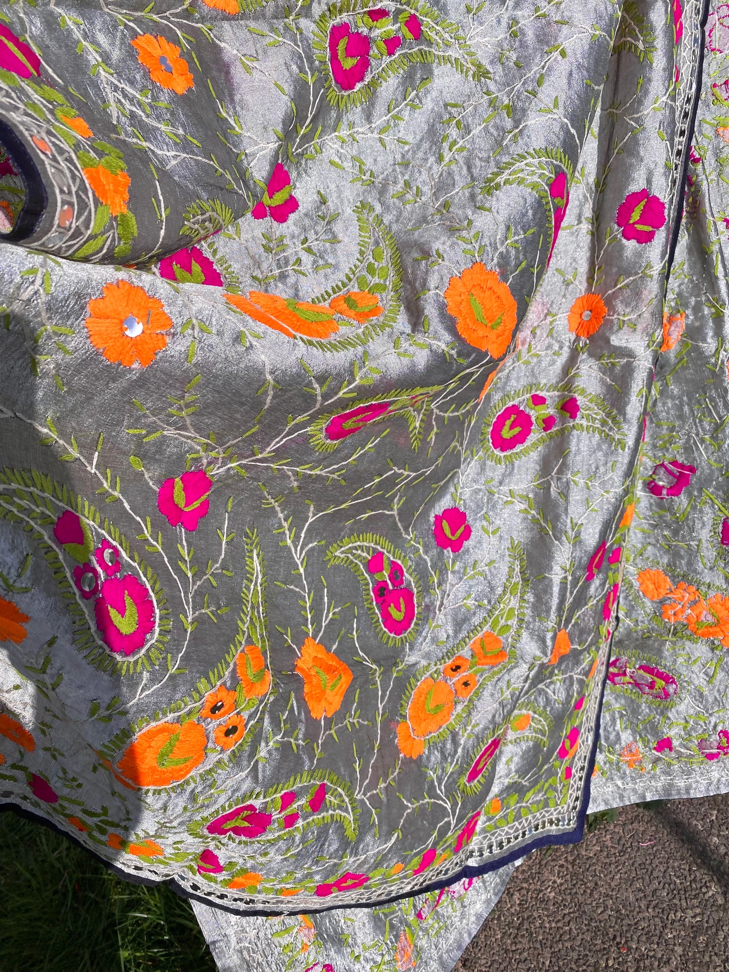 Metallic Steel Grey x Orange Large Handmade Chanderi Silk Wrap / Throw