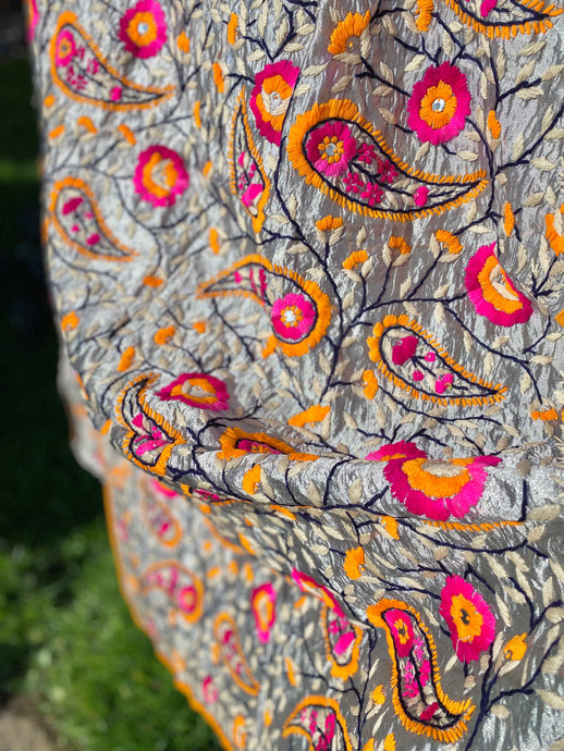 Metallic Steel Grey x Pink Large Handmade Chanderi Silk Wrap / Throw