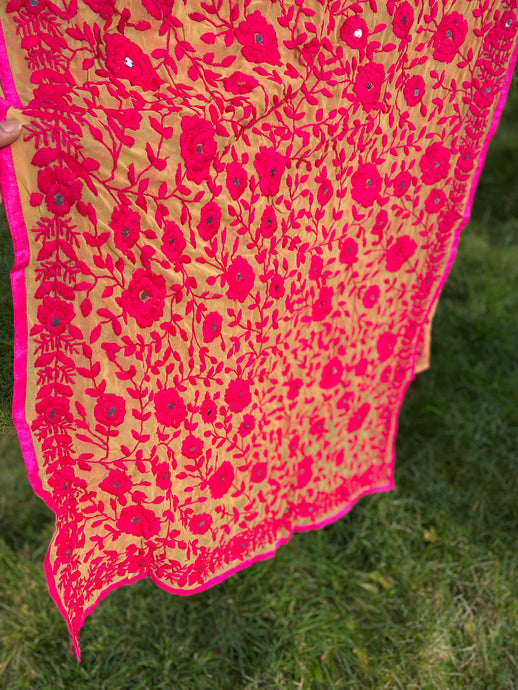 Cream x Fuchsia Pink Large Handmade Georgette Wrap / Throw