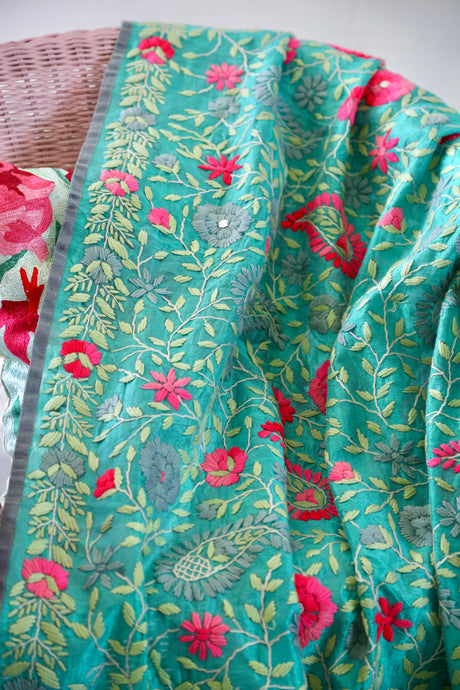 Light Teal x Aqua Large Handmade Chanderi Silk Wrap / Throw