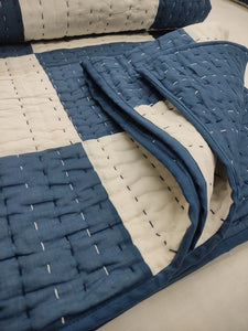 Blue & White Large Checked Kantha Quilt | Lightweight Cotton