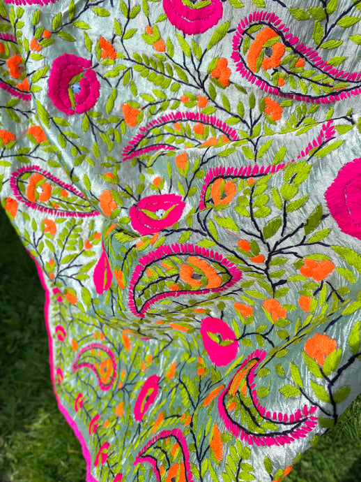 Steel Grey Metallic x Orange Large Handmade Chanderi Silk Wrap / Throw