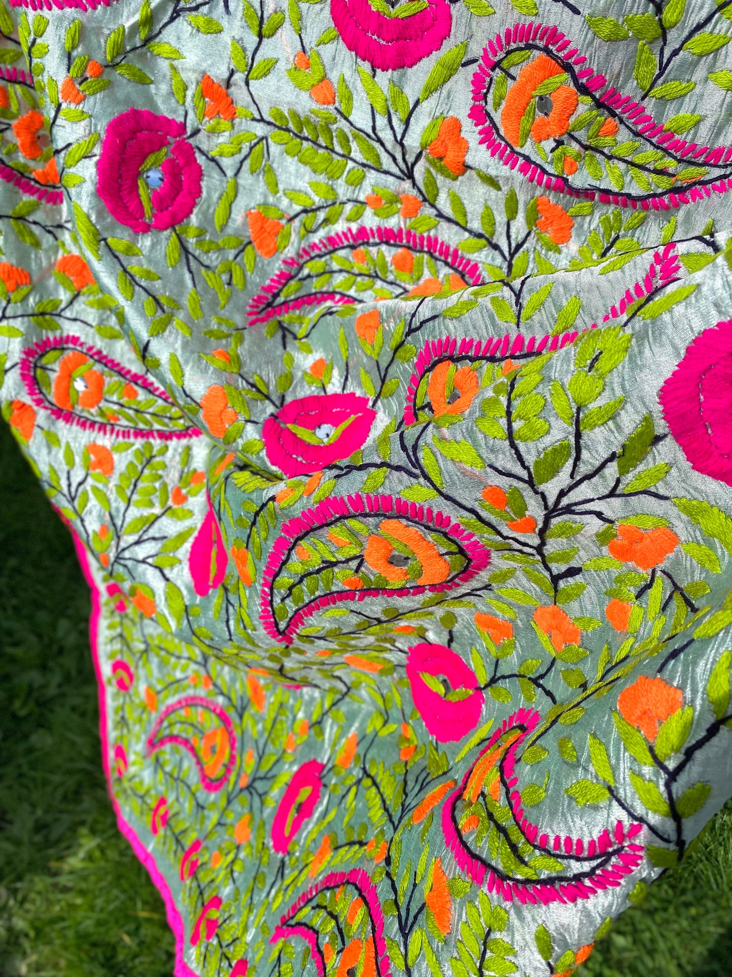 Steel Grey Metallic x Orange Large Handmade Chanderi Silk Wrap / Throw