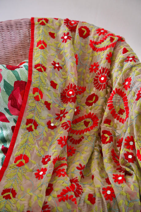 Beige x Red Large Handmade Georgette Wrap / Throw