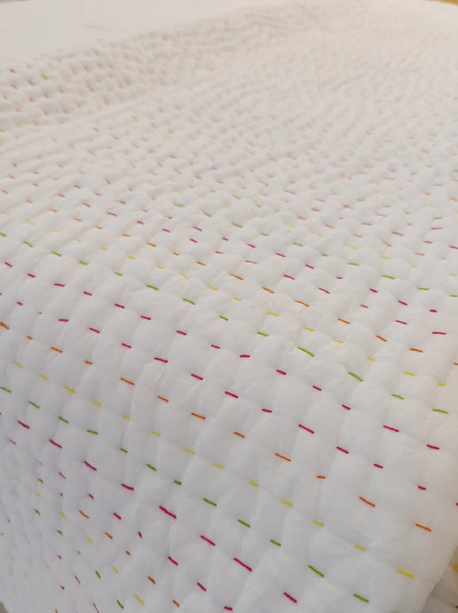 Natural White w Multicoloured Stitching Kantha Quilt | Lightweight Cotton