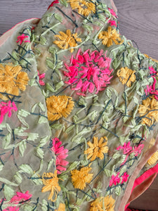 Light Green x Pink Large Handmade Georgette Wrap / Throw