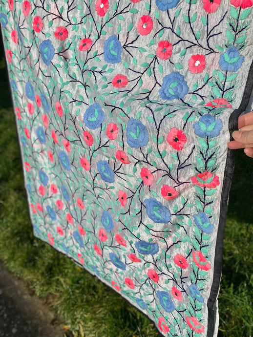 Pearl White x Blue Large Handmade Chanderi Silk Wrap / Throw