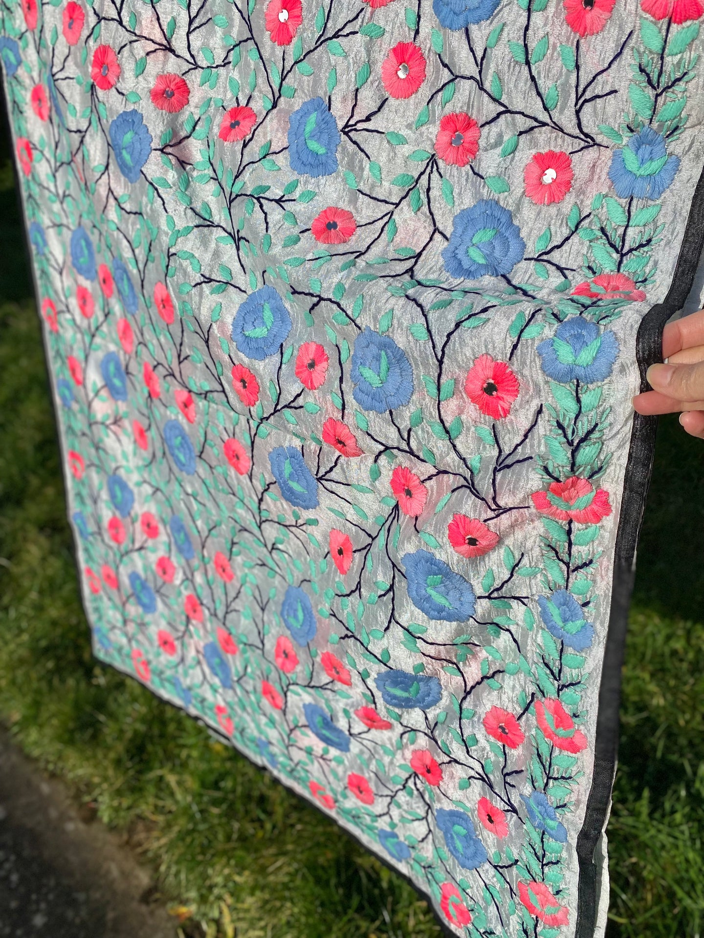 Pearl White x Blue Large Handmade Chanderi Silk Wrap / Throw