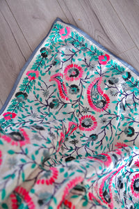 White x Teal Large Handmade Chanderi Silk Wrap / Throw