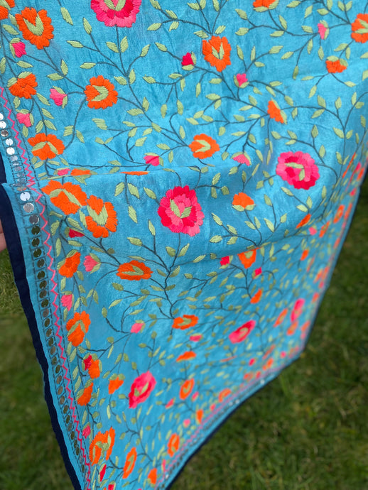 Blue x Orange Large Handmade Chanderi Silk Wrap / Throw