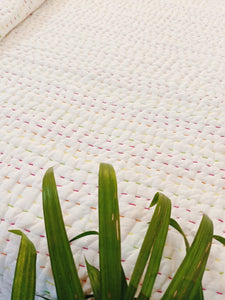 Natural White w Multicoloured Stitching Kantha Quilt | Lightweight Cotton