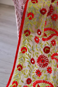 Beige x Red Large Handmade Georgette Wrap / Throw
