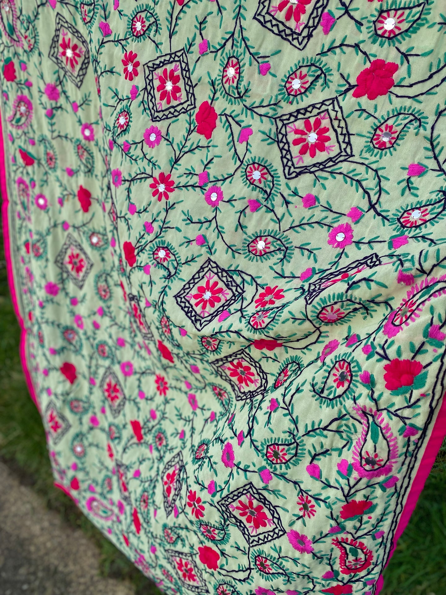 Light Green x Pink Large Handmade Georgette Wrap / Throw