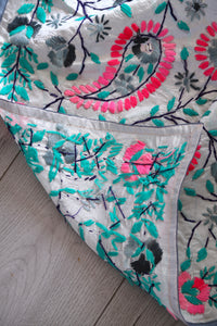 White x Teal Large Handmade Chanderi Silk Wrap / Throw