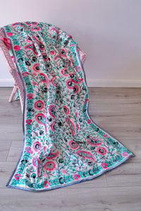White x Teal Large Handmade Chanderi Silk Wrap / Throw