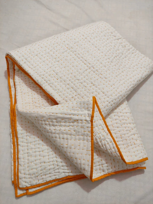White Kantha Quilt with Yellow Edging | Lightweight Cotton