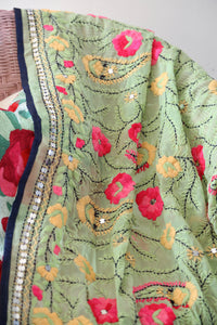 Light Green x Pink Large Handmade Georgette Wrap / Throw