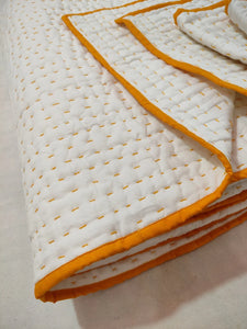 White Kantha Quilt with Yellow Edging | Lightweight Cotton