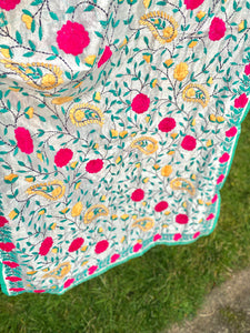 Pearl White x Teal Large Handmade Chanderi Silk Wrap / Throw