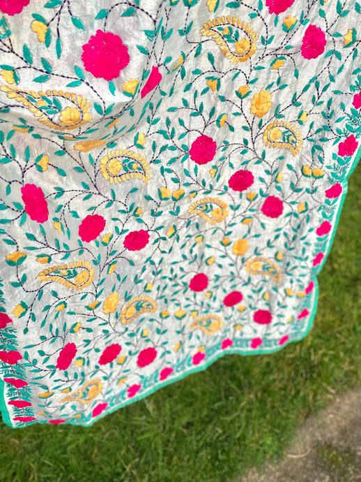 Pearl White x Teal Large Handmade Chanderi Silk Wrap / Throw