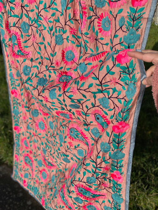 Almond x Teal Large Handmade Chanderi Silk Wrap / Throw