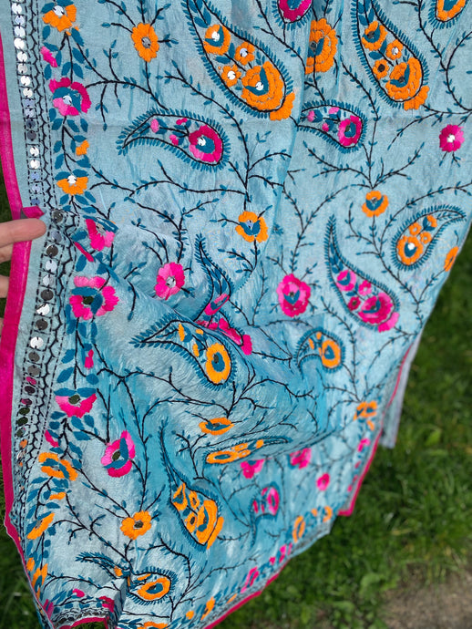 Mellow Blue x Yellow Large Handmade Chanderi Silk Wrap / Throw