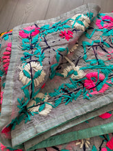 Load image into Gallery viewer, Grey x Teal Large Handmade Chanderi Silk Wrap / Throw
