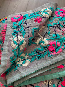 Grey x Teal Large Handmade Chanderi Silk Wrap / Throw