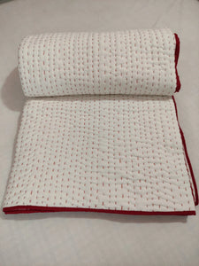 White Kantha Quilt with Red Edging | Lightweight Cotton