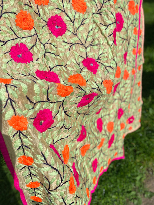 Off White Pearl x Orange Large Handmade Chanderi Silk Wrap / Throw