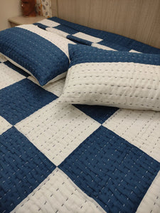 Blue & White Large Checked Kantha Quilt | Lightweight Cotton