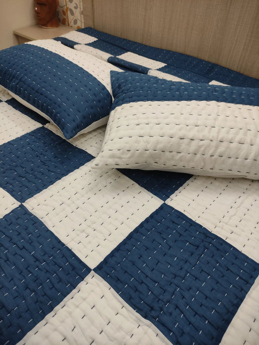 Blue & White Large Checked Kantha Quilt | Lightweight Cotton
