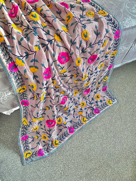 Mellow Pink x Grey Large Handmade Chanderi Silk Wrap / Throw