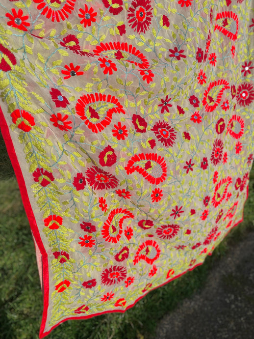 Beige x Red Large Handmade Georgette Wrap / Throw