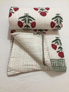 Floral Handprint Kantha Quilt | Lightweight Cotton