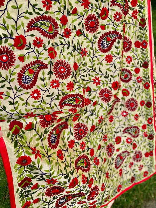 Ecru x Red Large Handmade Chanderi Silk Wrap / Throw