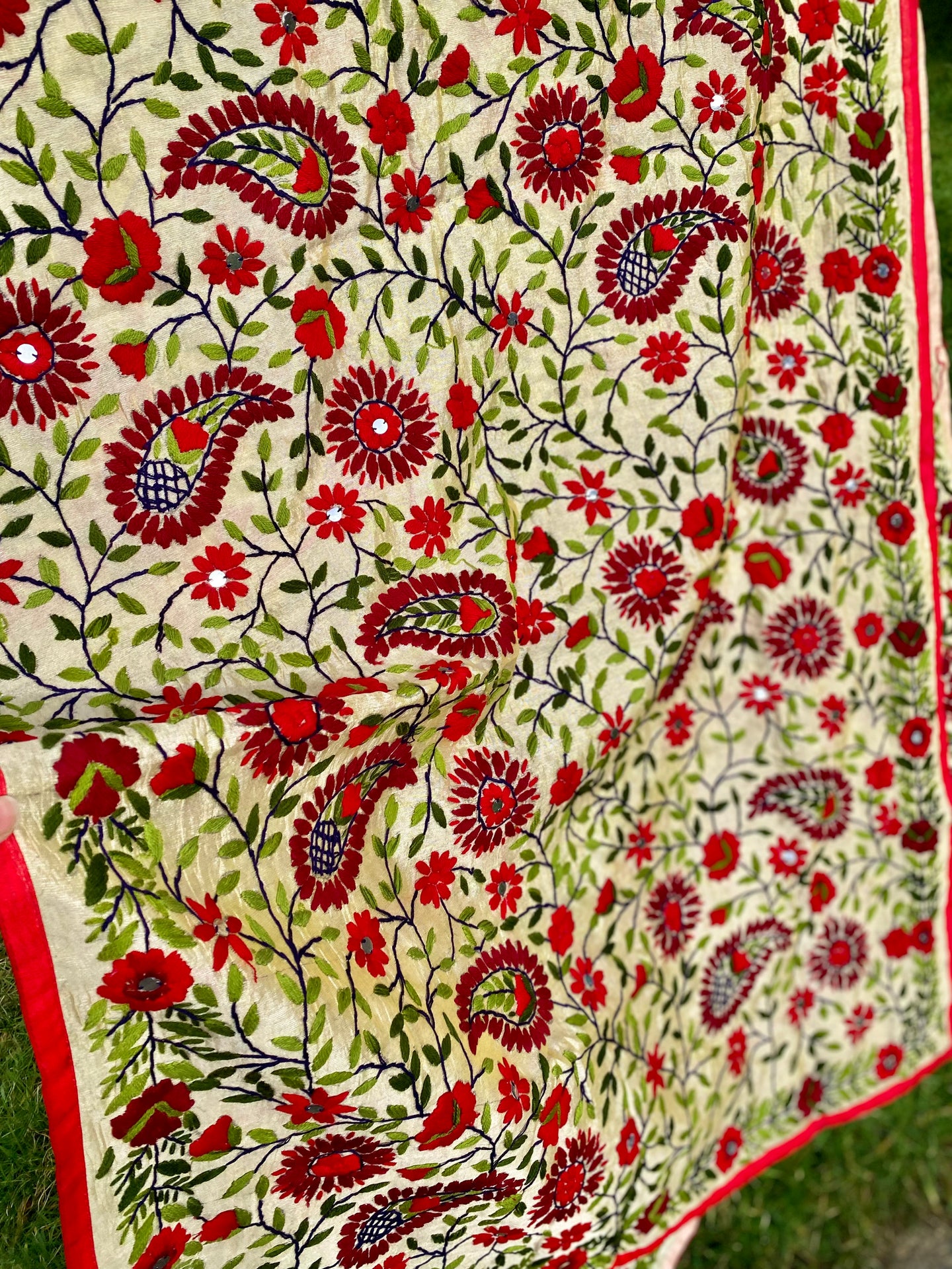 Ecru x Red Large Handmade Chanderi Silk Wrap / Throw