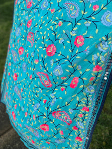 Blue x Light Green Large Handmade Georgette Wrap / Throw