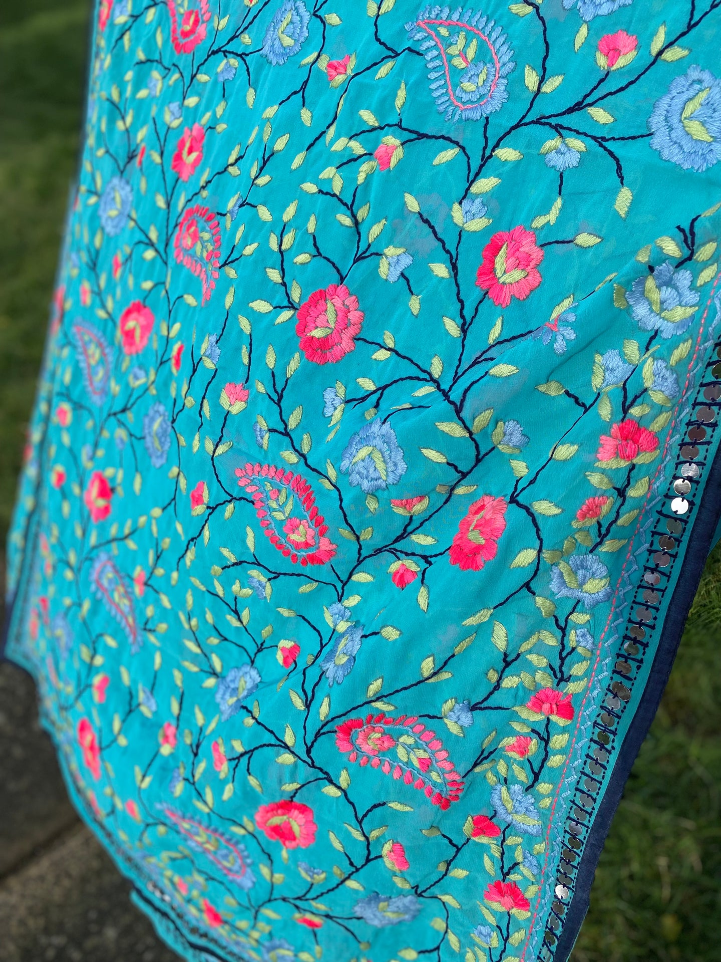 Blue x Light Green Large Handmade Georgette Wrap / Throw