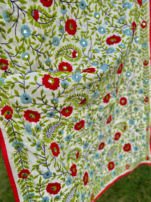 Pearl White x Green Large Handmade Chanderi Silk Wrap / Throw