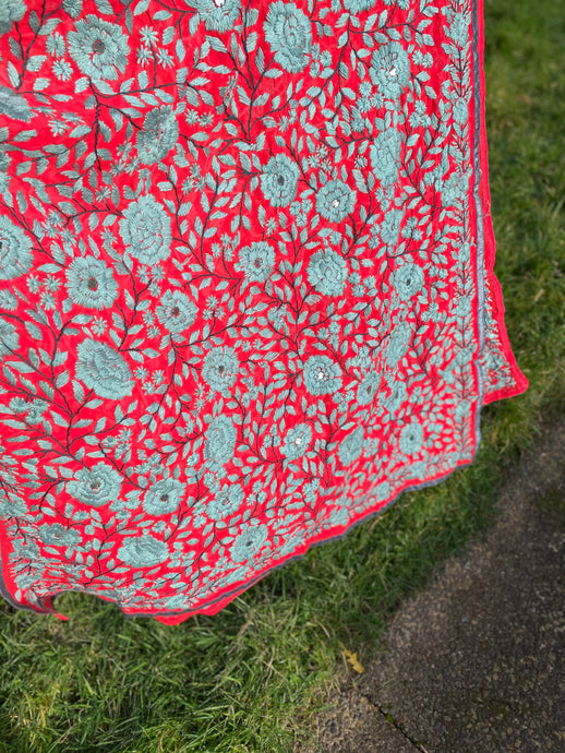 Rust Red x Grey Large Handmade Georgette Wrap / Throw