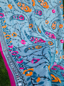 Mellow Blue x Yellow Large Handmade Chanderi Silk Wrap / Throw